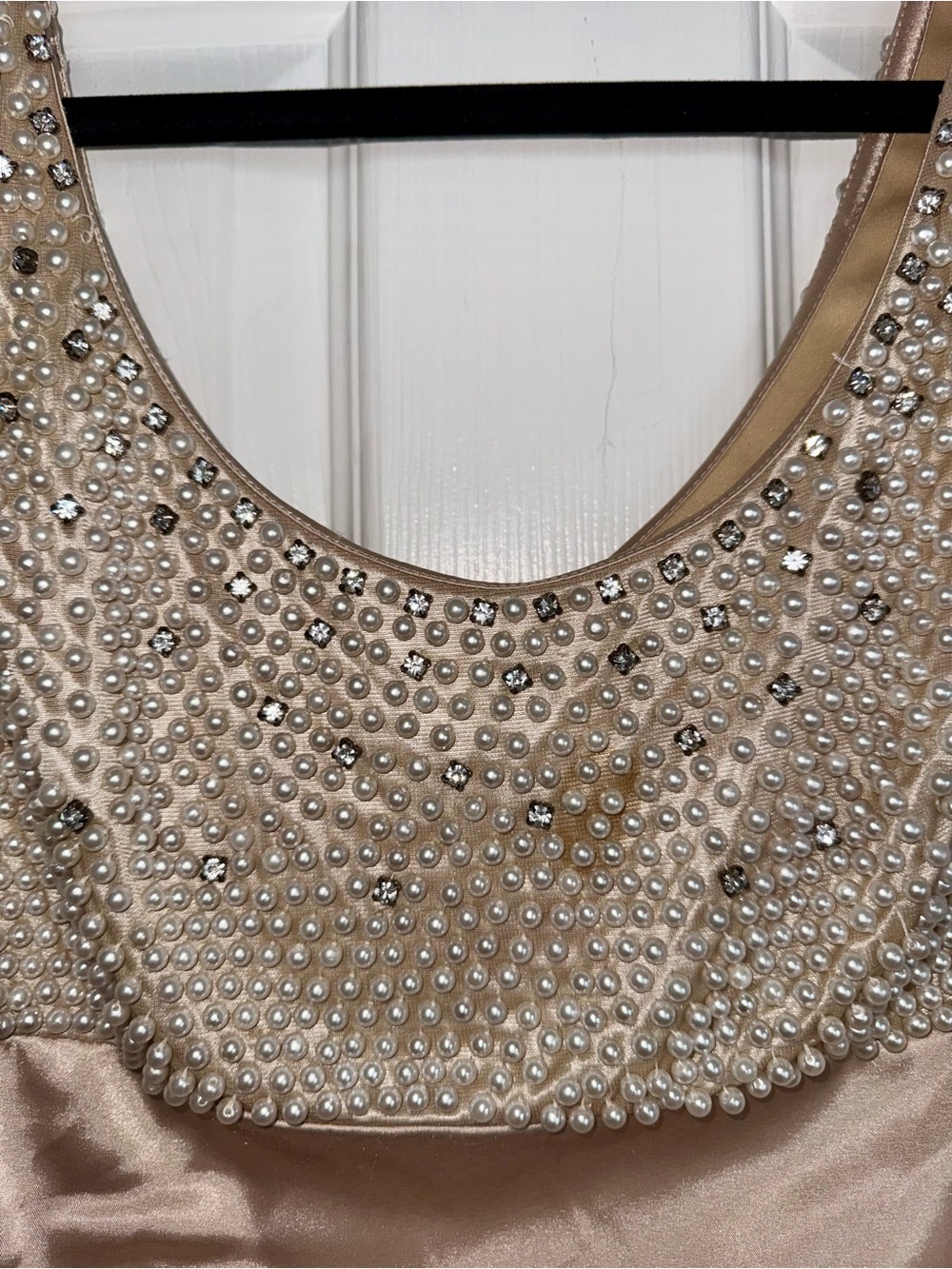 BADGLEY MISCHKA Collection Pearl Beaded Rhinestone Champagne Satin Ruched Dress - Picture 6 of 15